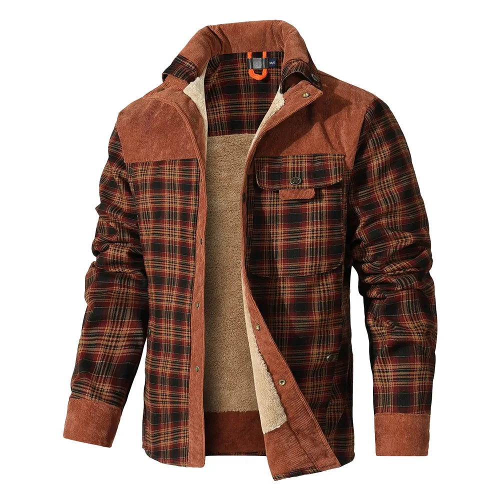 NONECN Men's Winter Windproof Bomber Jacket Plaid Sherpa Lined Flannel