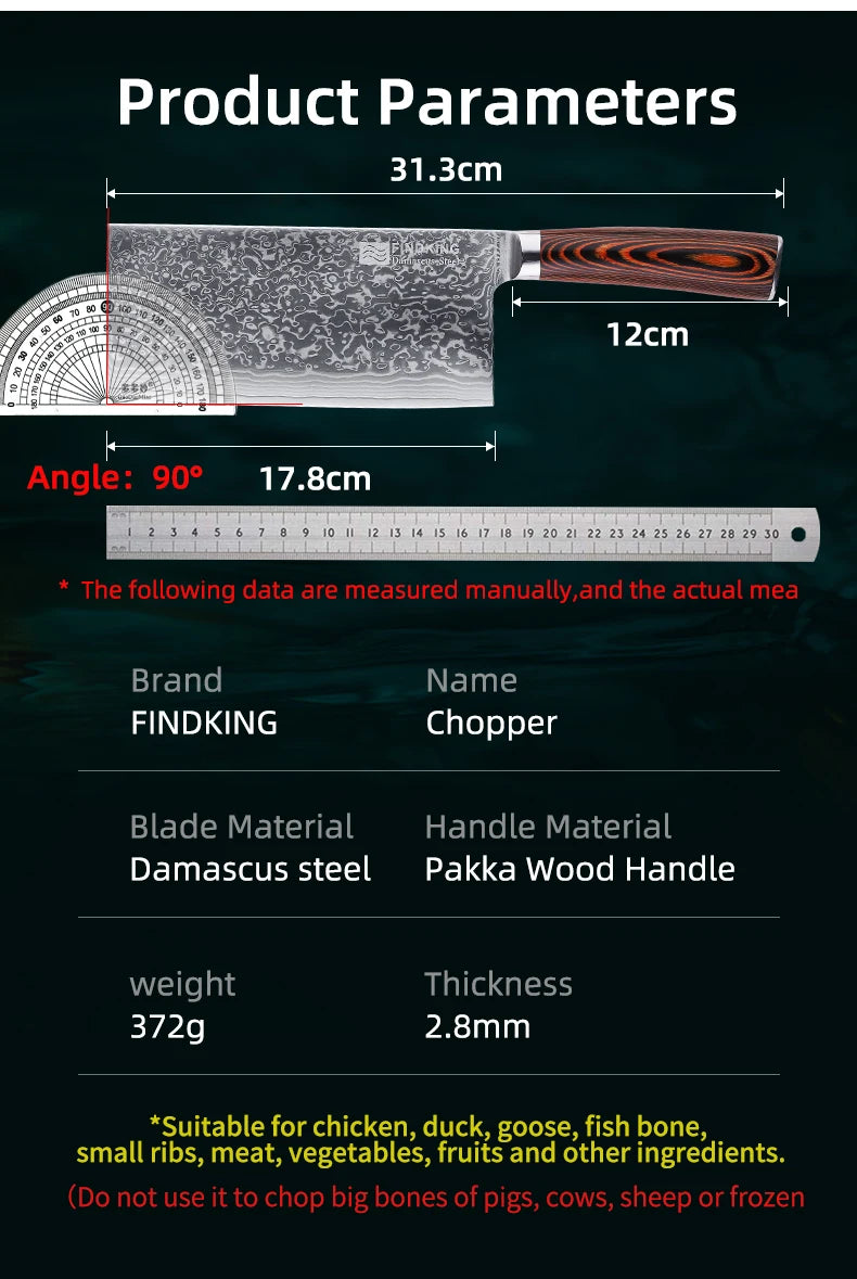 FINDKING 67 Layer Damascus Steel Chopping Knife Pakka Wood Handle