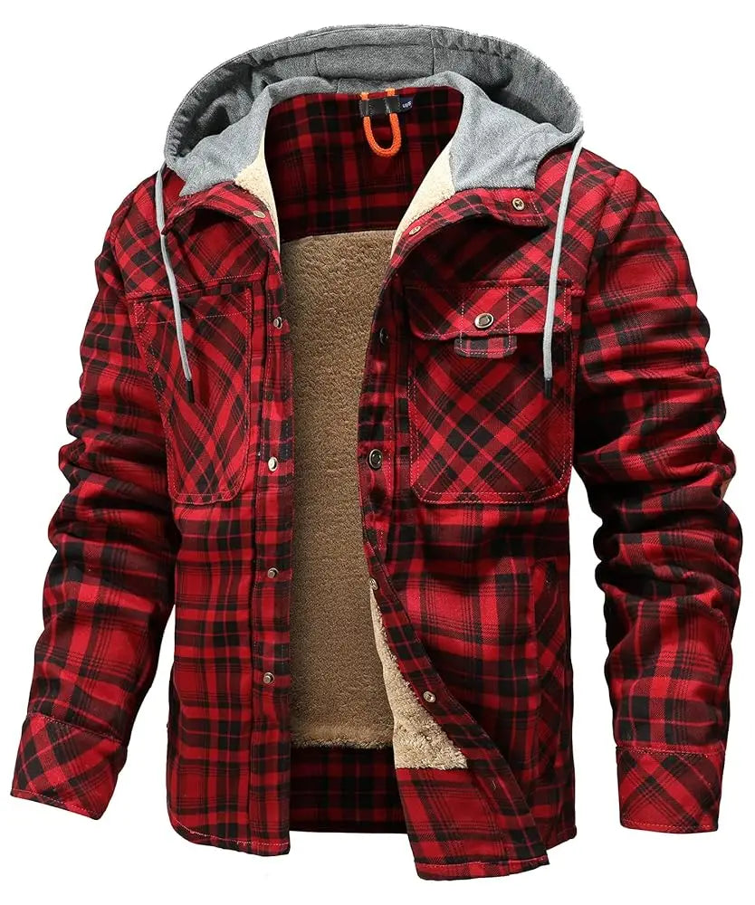 NONECN Men's Hooded Winter Coat Plaid Flannel Sherpa Lined