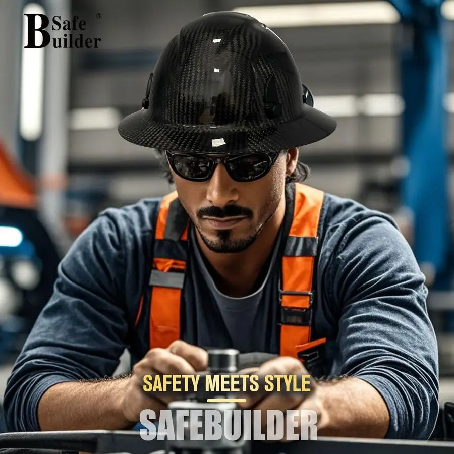 XMSJ Carbon Fiber Full Brim Hard Hat With 6 Point Suspension ANSI Certified