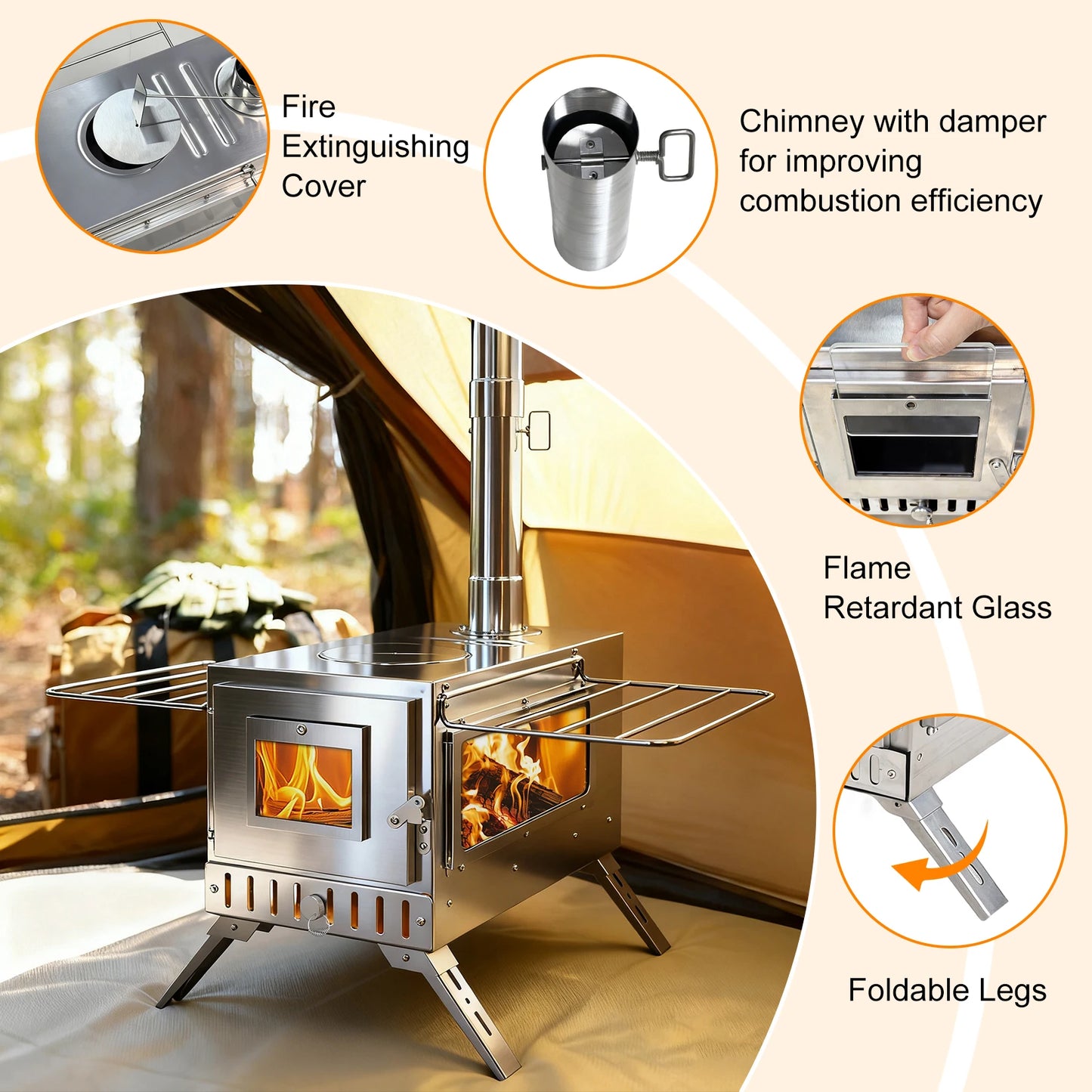 Portable Wood Burning Camping Stove Stainless Steel for Tent Outdoor