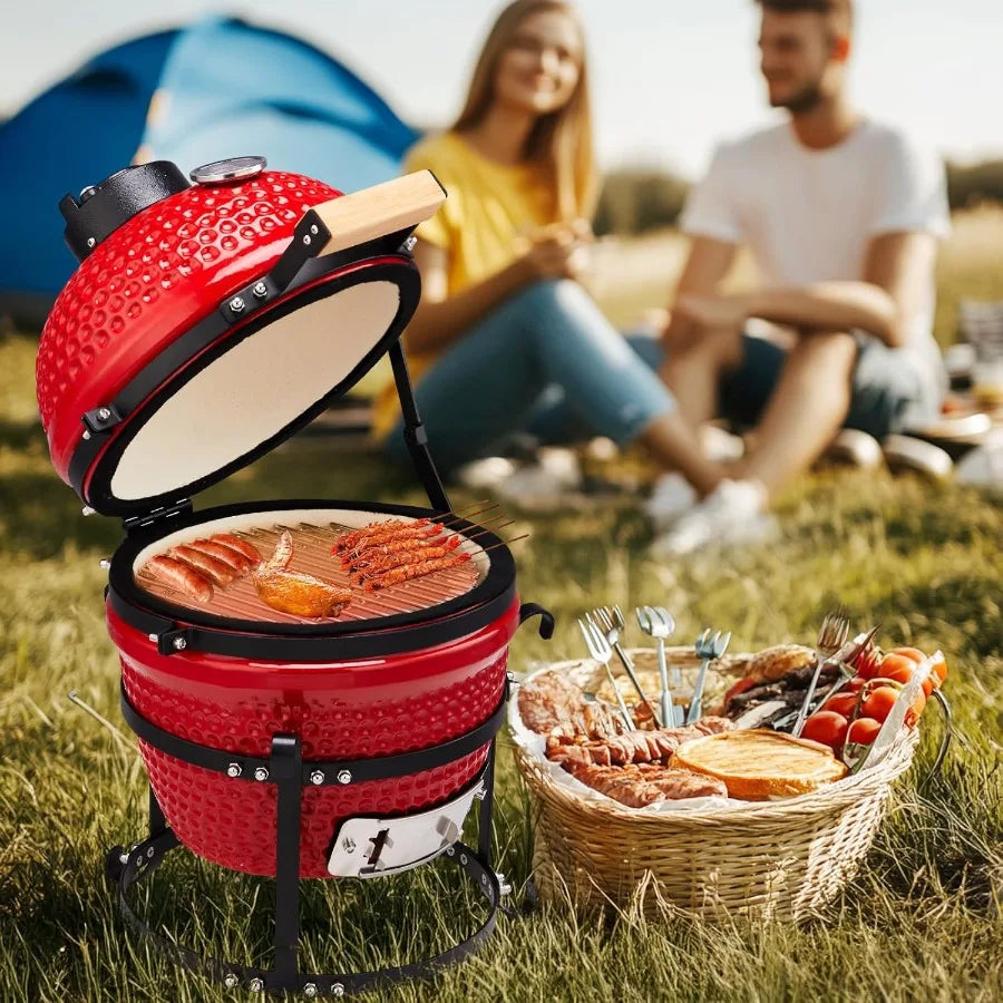 Kamado Charcoal Grill Portable Ceramic Barbecue With Built In Thermometer
