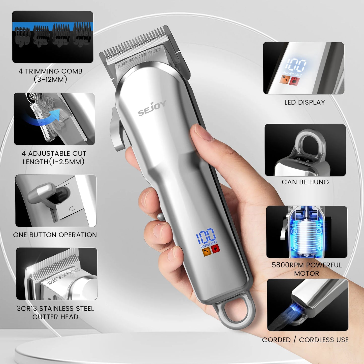 Sejoy Cordless Hair Trimmer Pro For Men Barber Clipper
