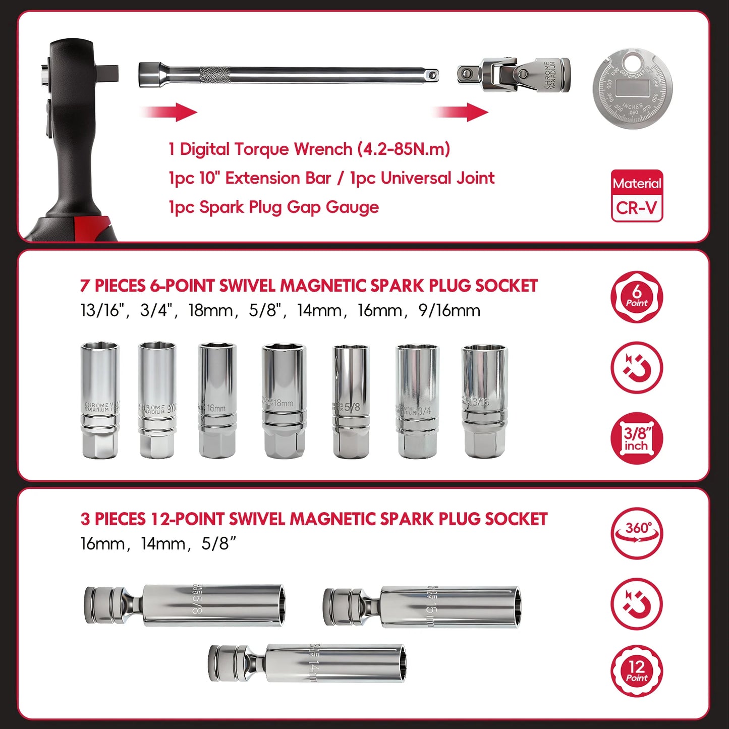 MoveCrab Digital Torque Wrench Set With Magnetic Extension Bar