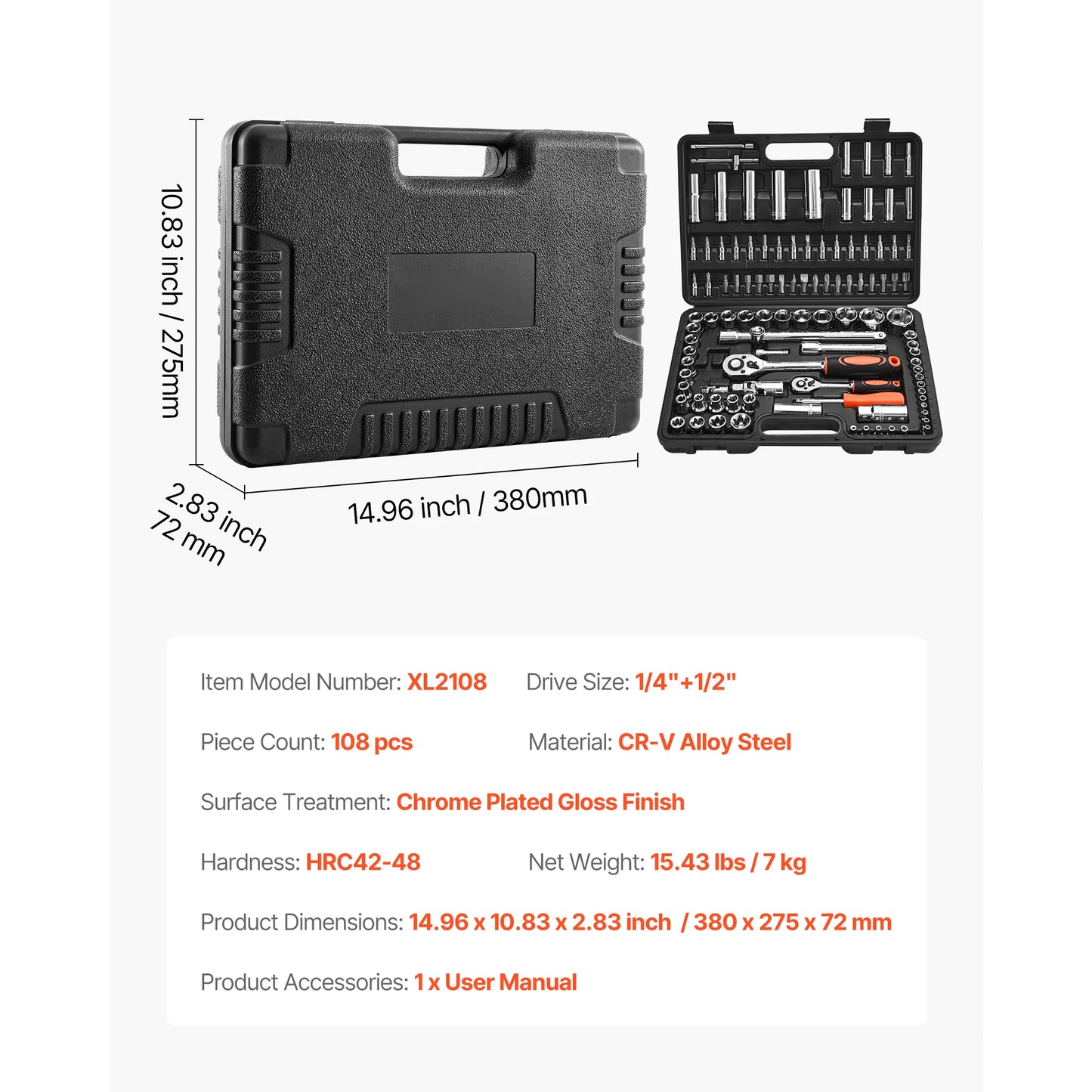 SucceBuy 86-Piece Socket Set 3/8 1/4 1/2 Inch Drive Ratchet SAE Metric