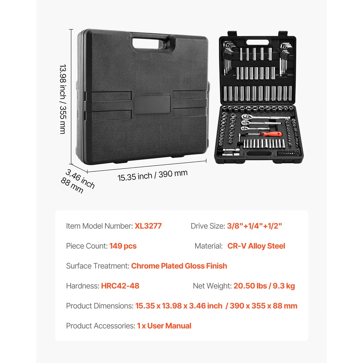 SucceBuy 86-Piece Socket Set 3/8 1/4 1/2 Inch Drive Ratchet SAE Metric