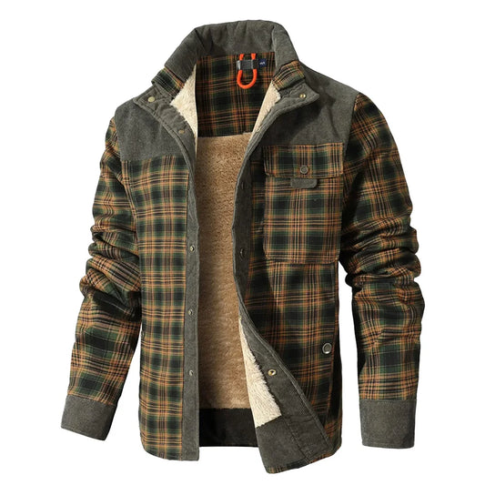NONECN Men's Winter Windproof Bomber Jacket Plaid Sherpa Lined Flannel