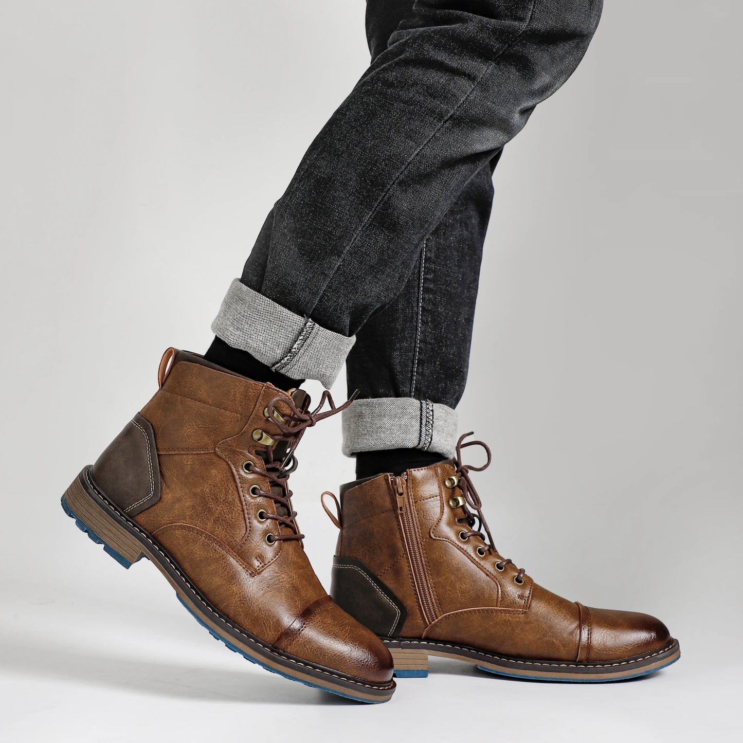 Hecrafted Men Retro Leather Ankle Boots With Zip Closure
