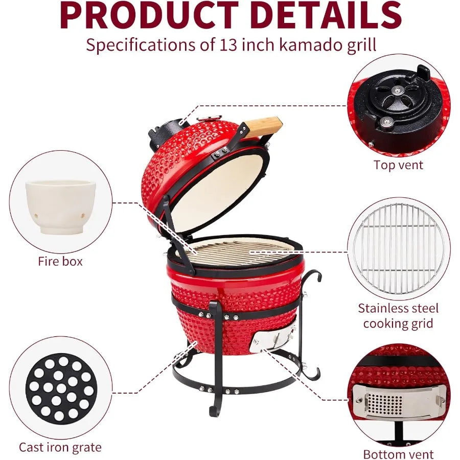 Kamado Charcoal Grill Portable Ceramic Barbecue With Built In Thermometer