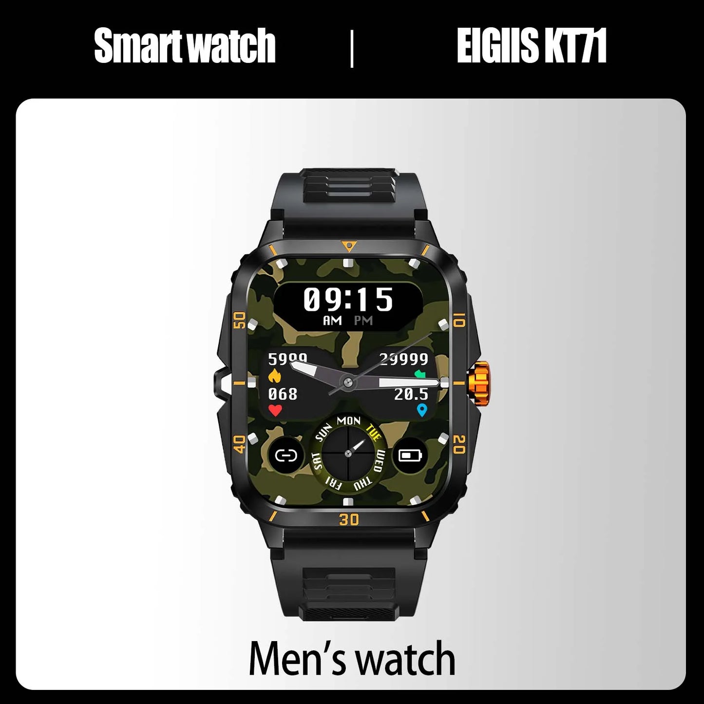 EIGIIS Smartwatch 3ATM Waterproof IPS KT71 Heart Rate BloodPressure Bluetooth