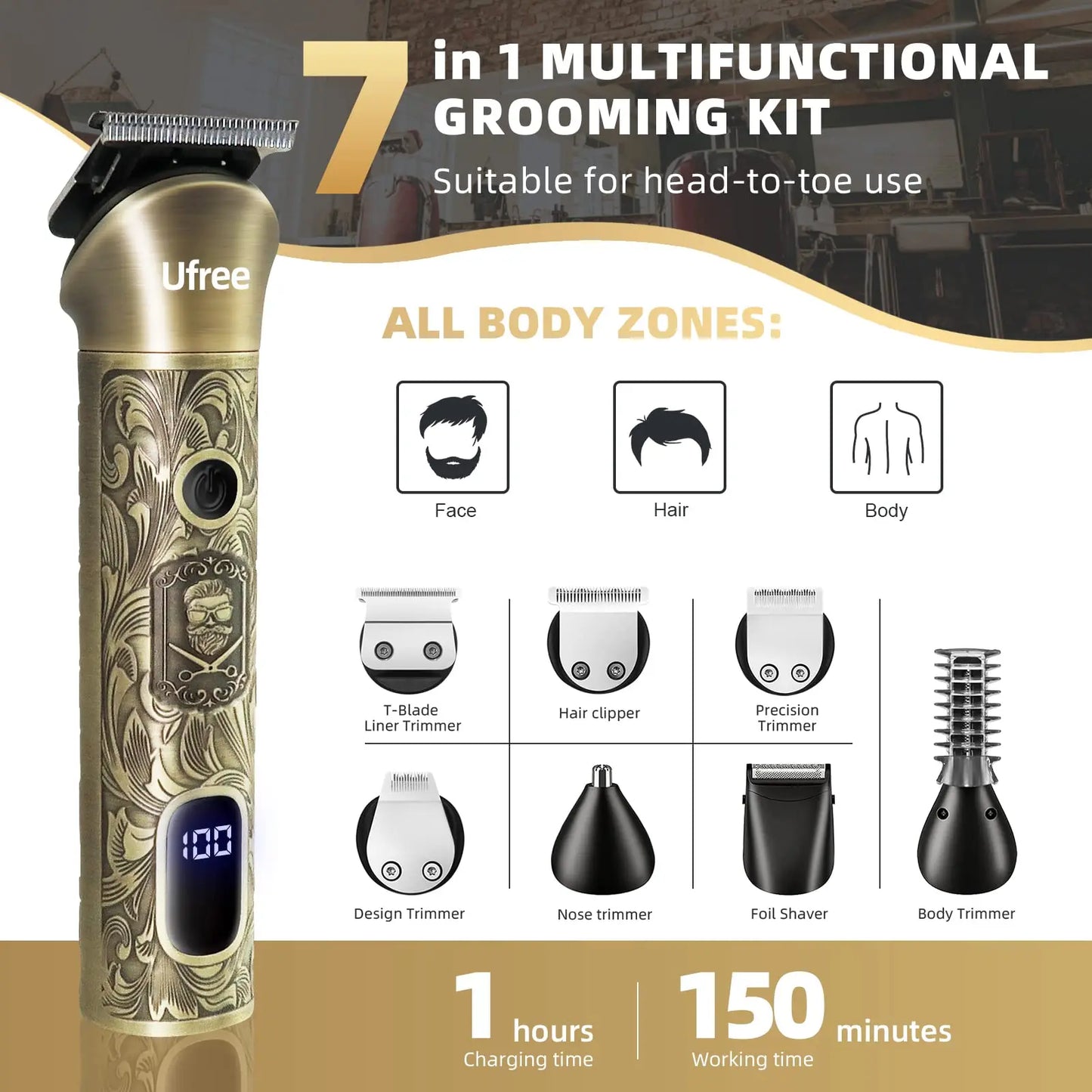 Ufree Beard Trimmer for Men Cordless Electric Razor Shaver Kit