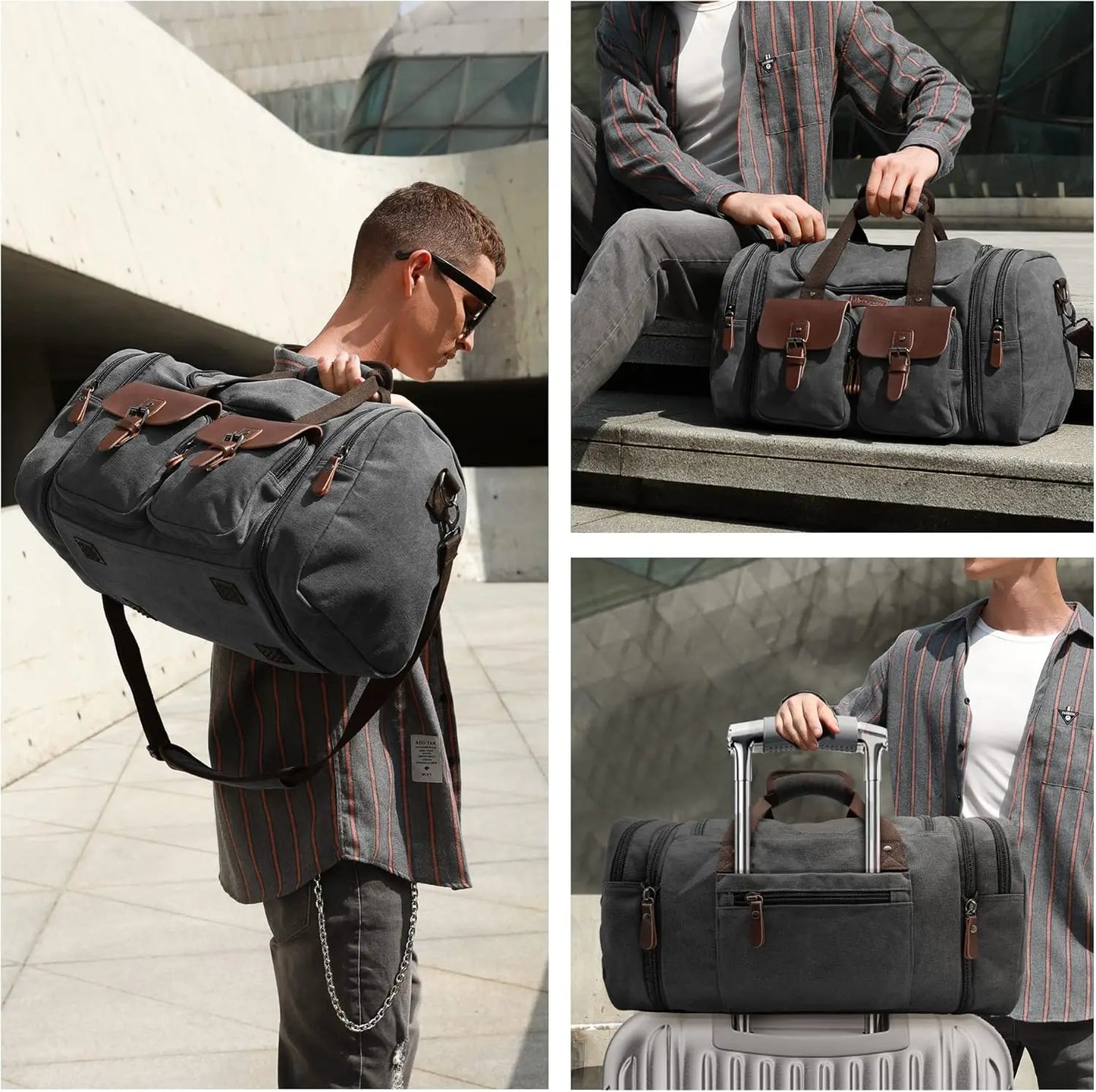 Expandable Canvas Leather Duffle Bag With Shoe Compartment