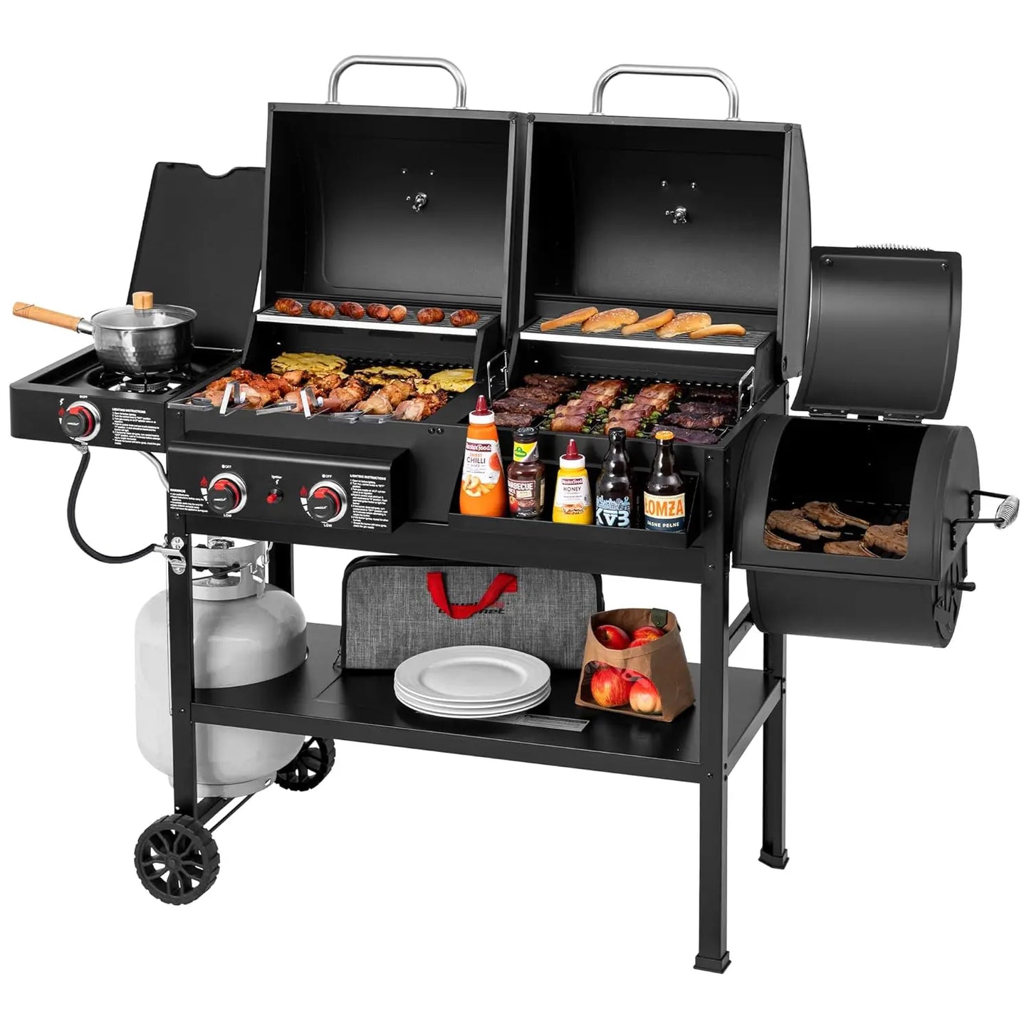 Dual Fuel Gas and Charcoal Grill With Offset Smoker