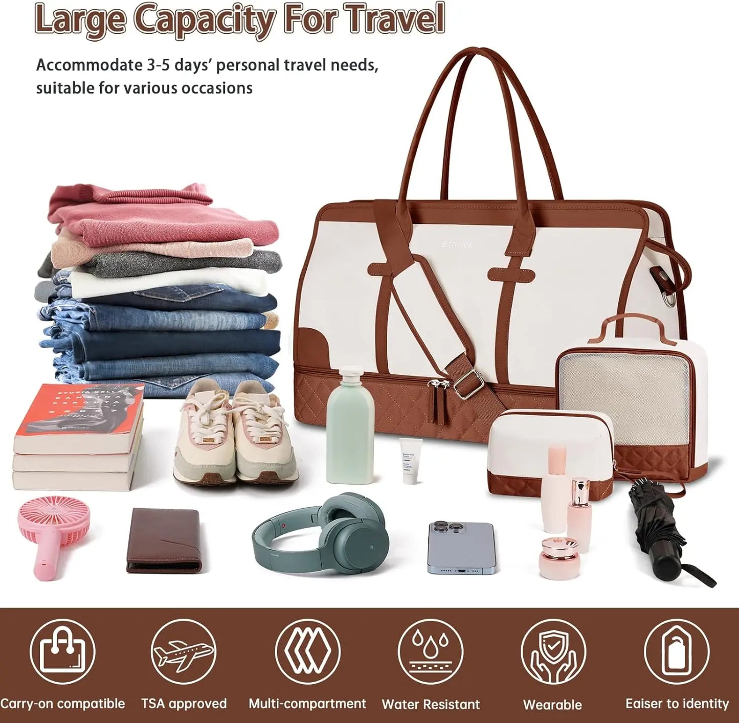 Women's Travel Duffle Bag With Shoe Compartment And Wet Pocket Toiletry Set