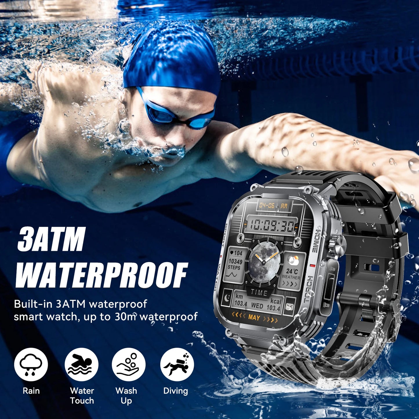 EIGIIS Mens Smartwatch 3ATM Waterproof Heart Rate Fitness Tracker
