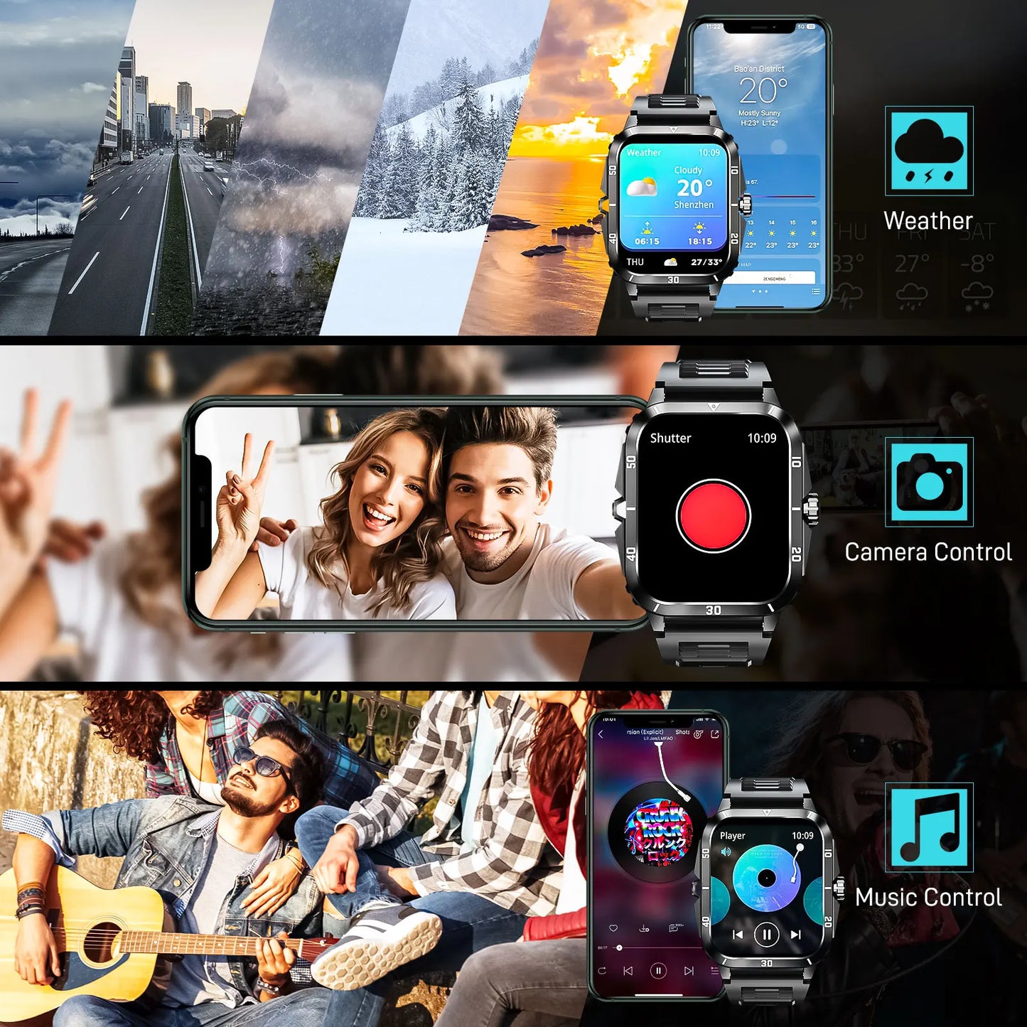 EIGIIS Smartwatch 3ATM Waterproof IPS KT71 Heart Rate BloodPressure Bluetooth