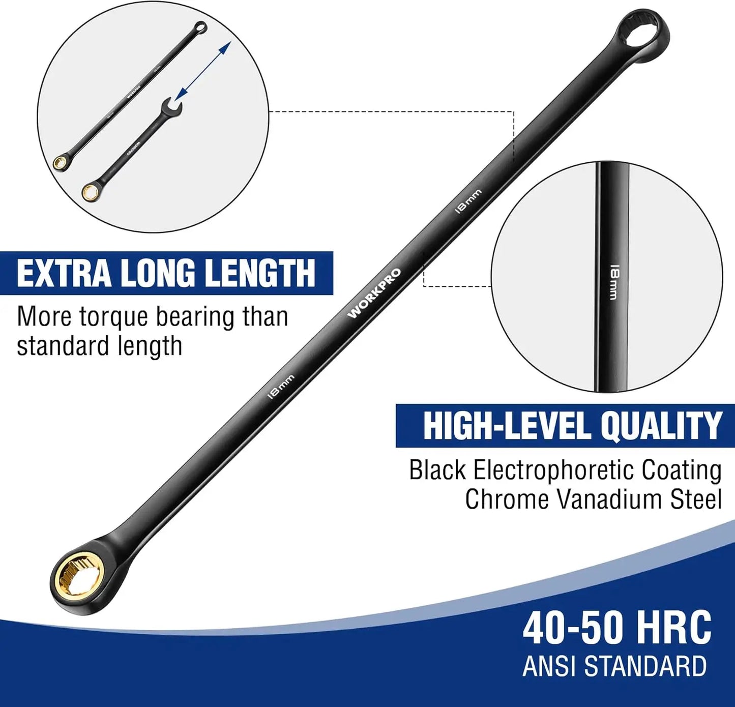 Extra Long Ratcheting Wrench Set 10-Piece Cr-V Steel Rolling Pouch