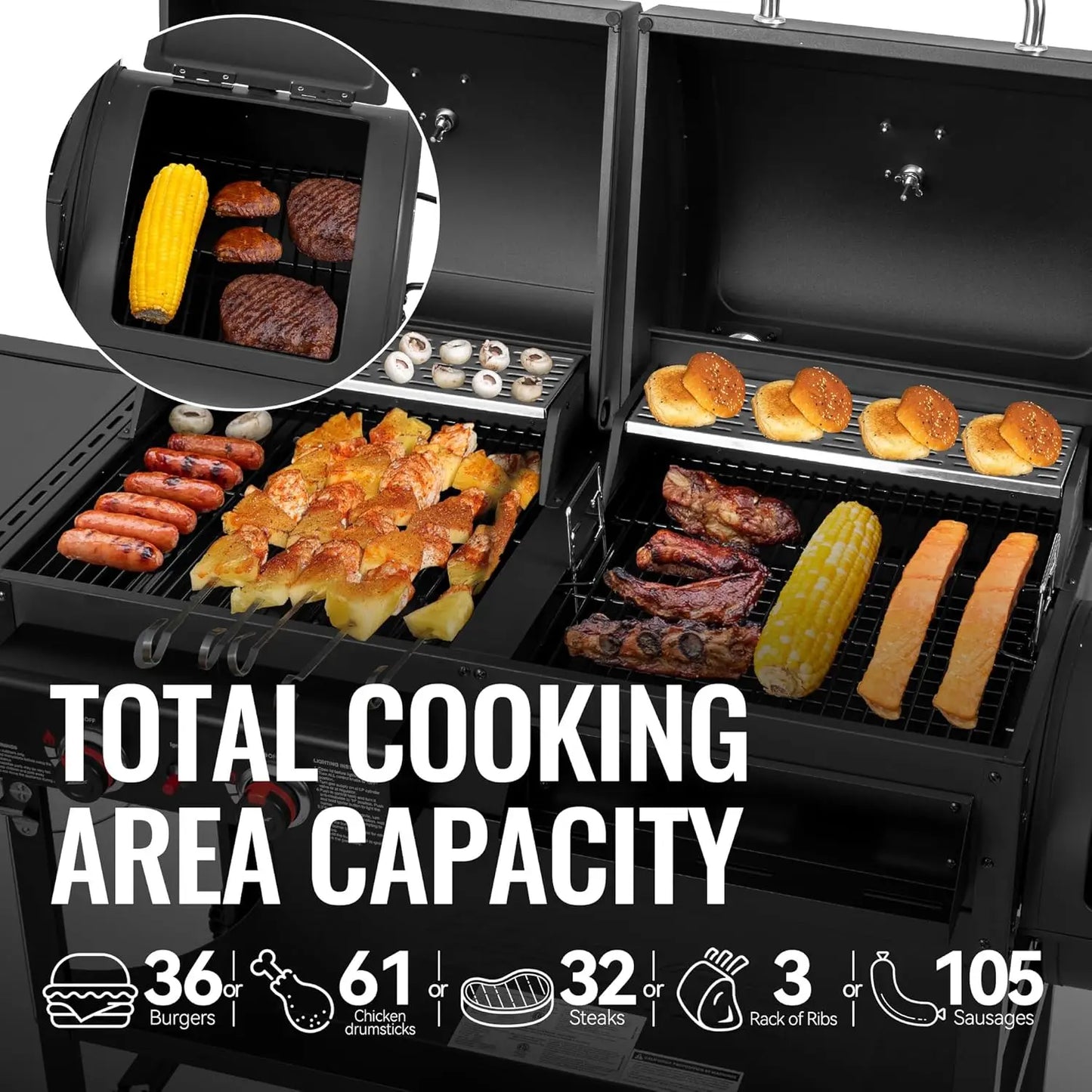 Dual Fuel Gas and Charcoal Grill With Offset Smoker