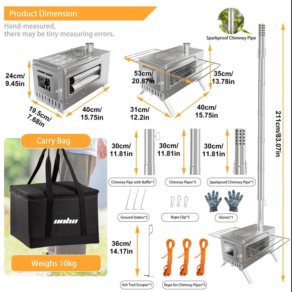 Portable Wood Burning Camping Stove Stainless Steel Tent Stove