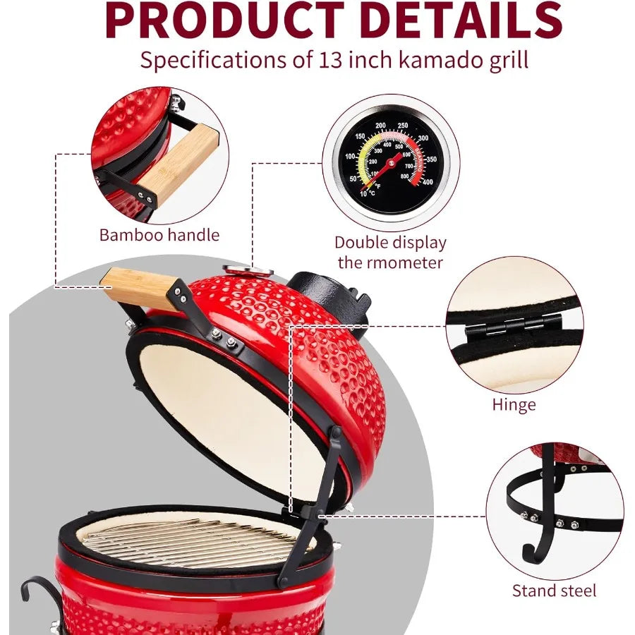 Kamado Charcoal Grill Portable Ceramic Barbecue With Built In Thermometer
