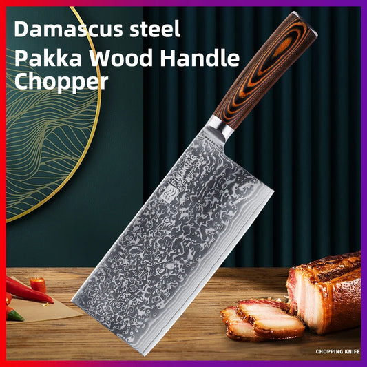 FINDKING 67 Layer Damascus Steel Chopping Knife Pakka Wood Handle