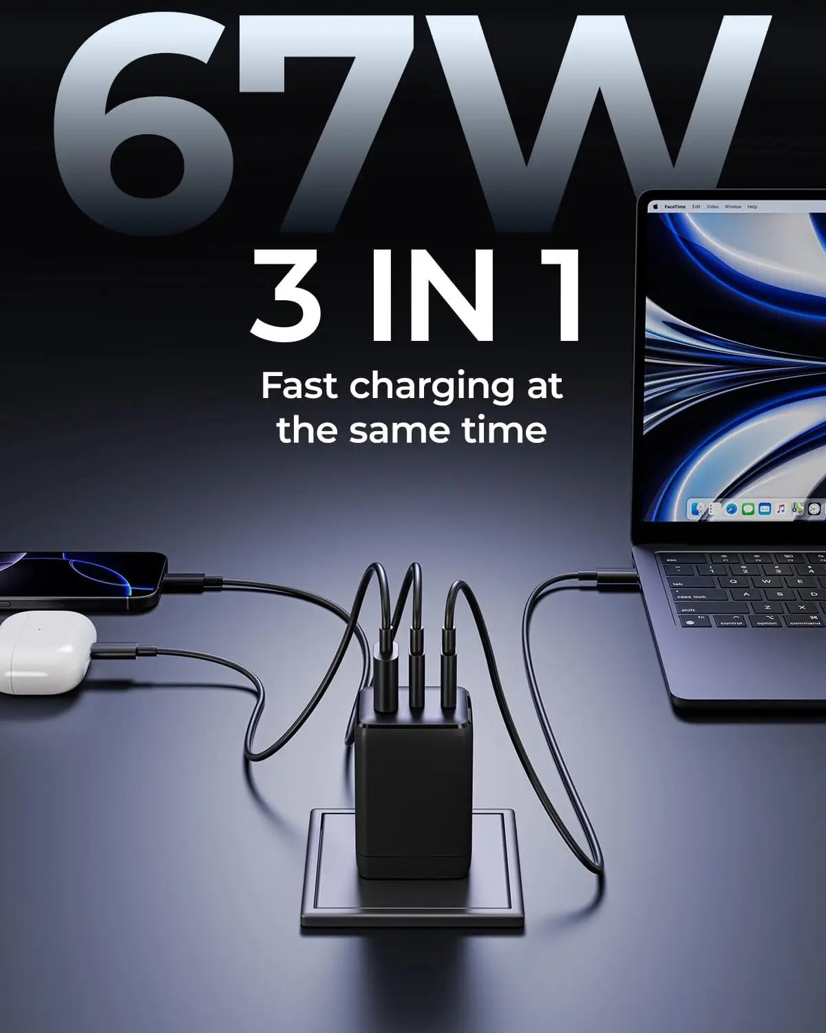 WEGEAR 67W USB-C Charger 3-Port GaN Fast Charge Portable Travel
