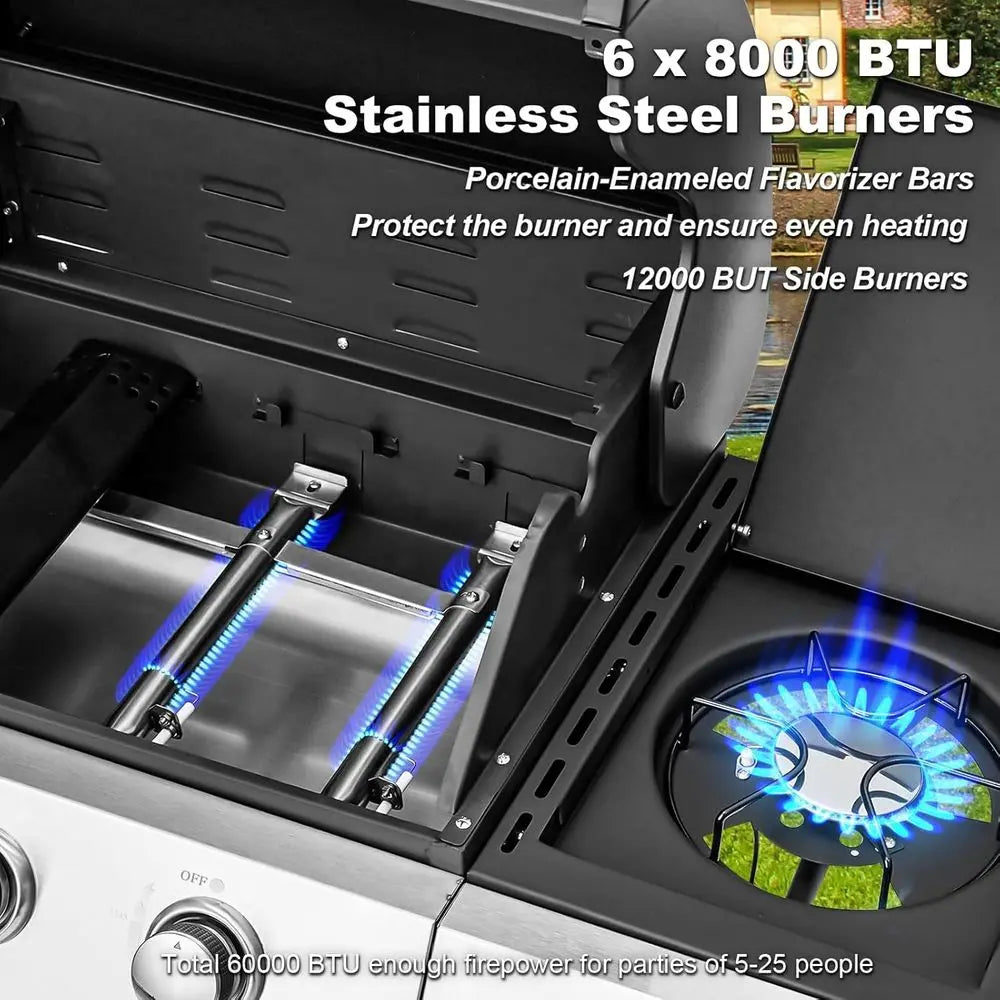 60,000 BTU 6-Burner Propane Gas Grill With Side Stove