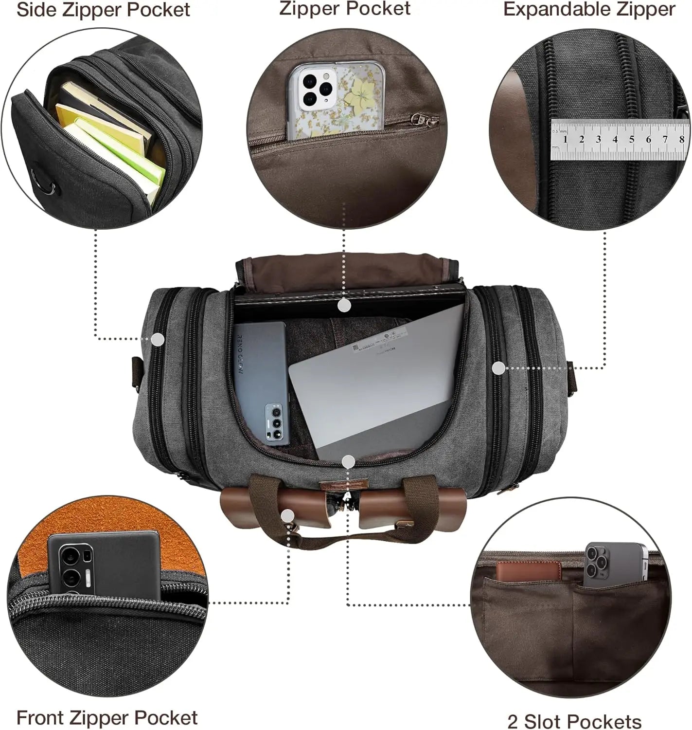 Expandable Canvas Leather Duffle Bag With Shoe Compartment