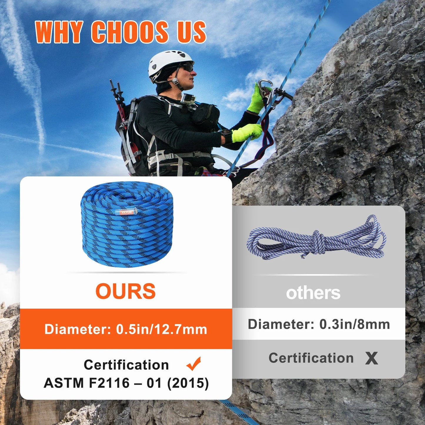 VEVOR Static Climbing Rope CE Certified for Outdoor Use