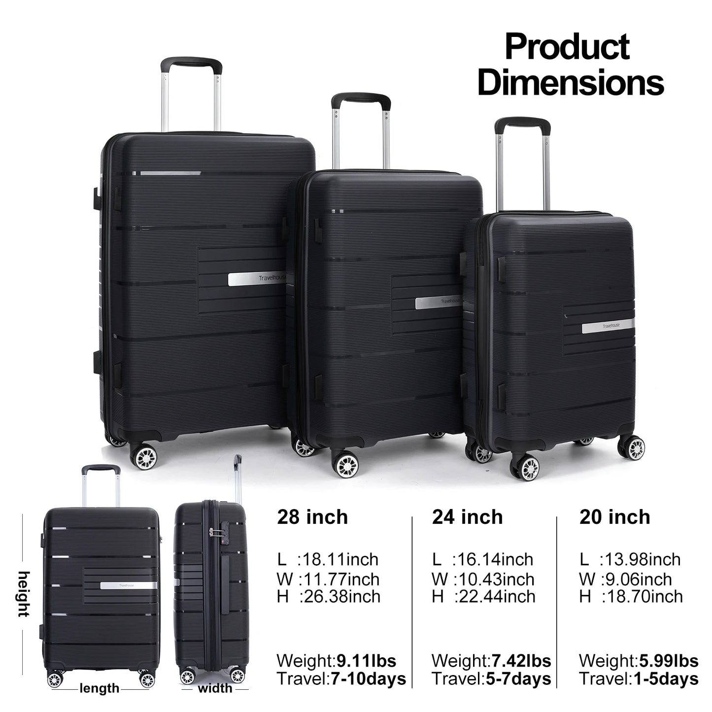 Travelhouse Hardshell Luggage Set Three Piece Spinner TSA Lock