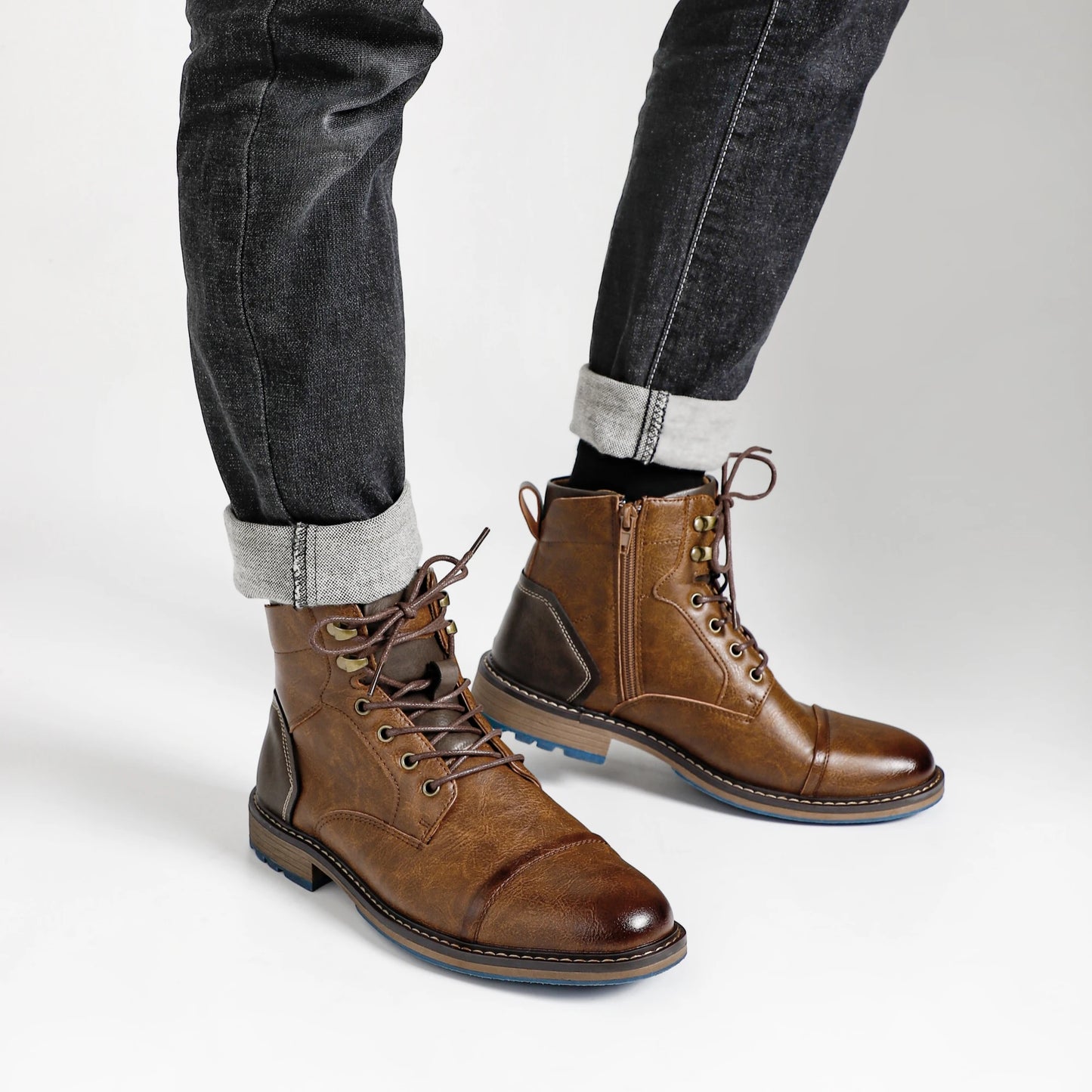 Hecrafted Men Retro Leather Ankle Boots With Zip Closure