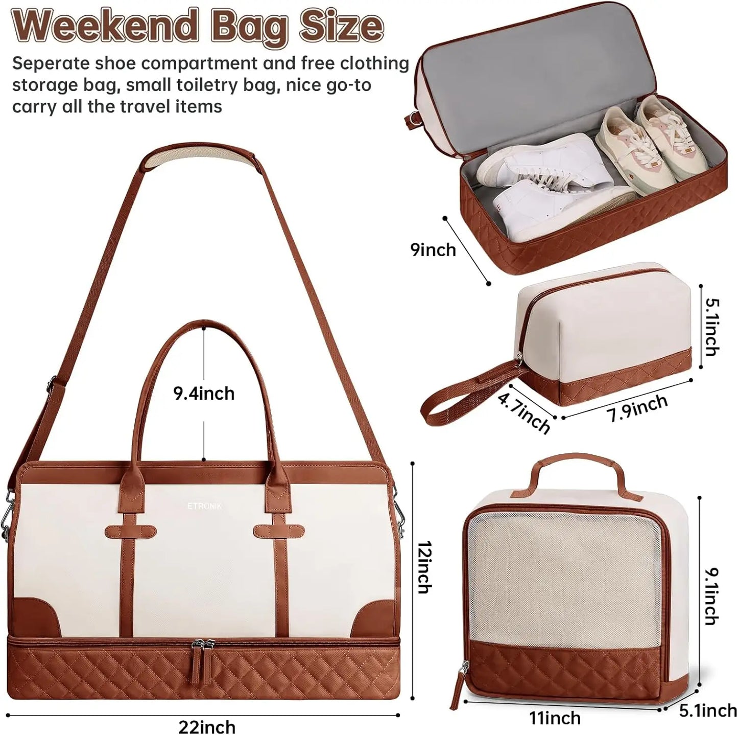 Women's Travel Duffle Bag With Shoe Compartment And Wet Pocket Toiletry Set