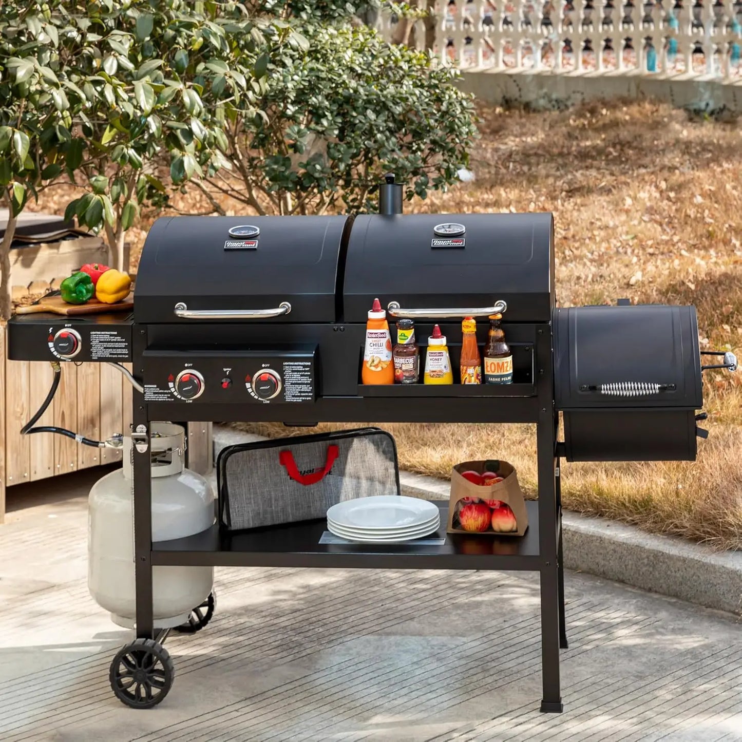 Dual Fuel Gas and Charcoal Grill With Offset Smoker