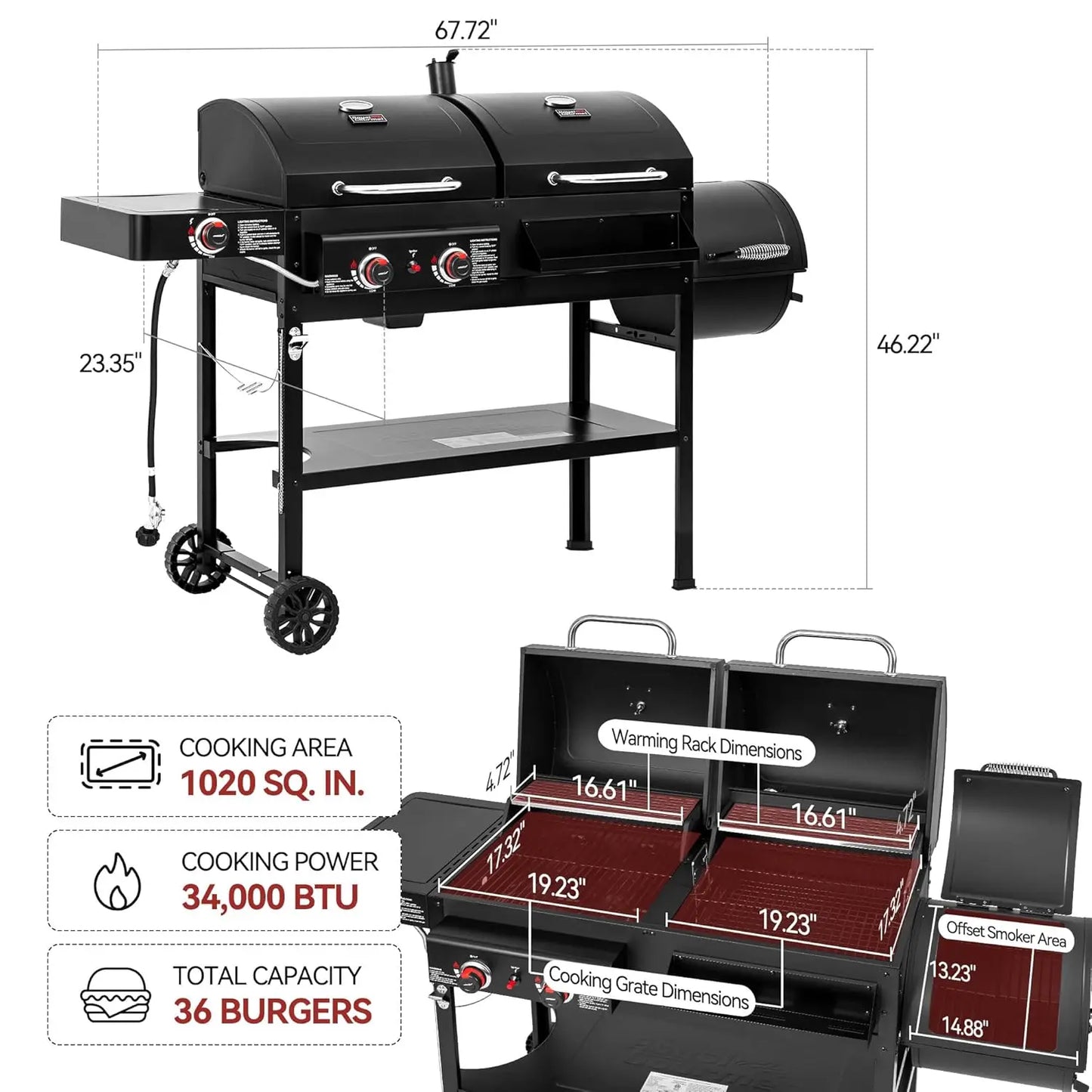 Dual Fuel Gas and Charcoal Grill With Offset Smoker