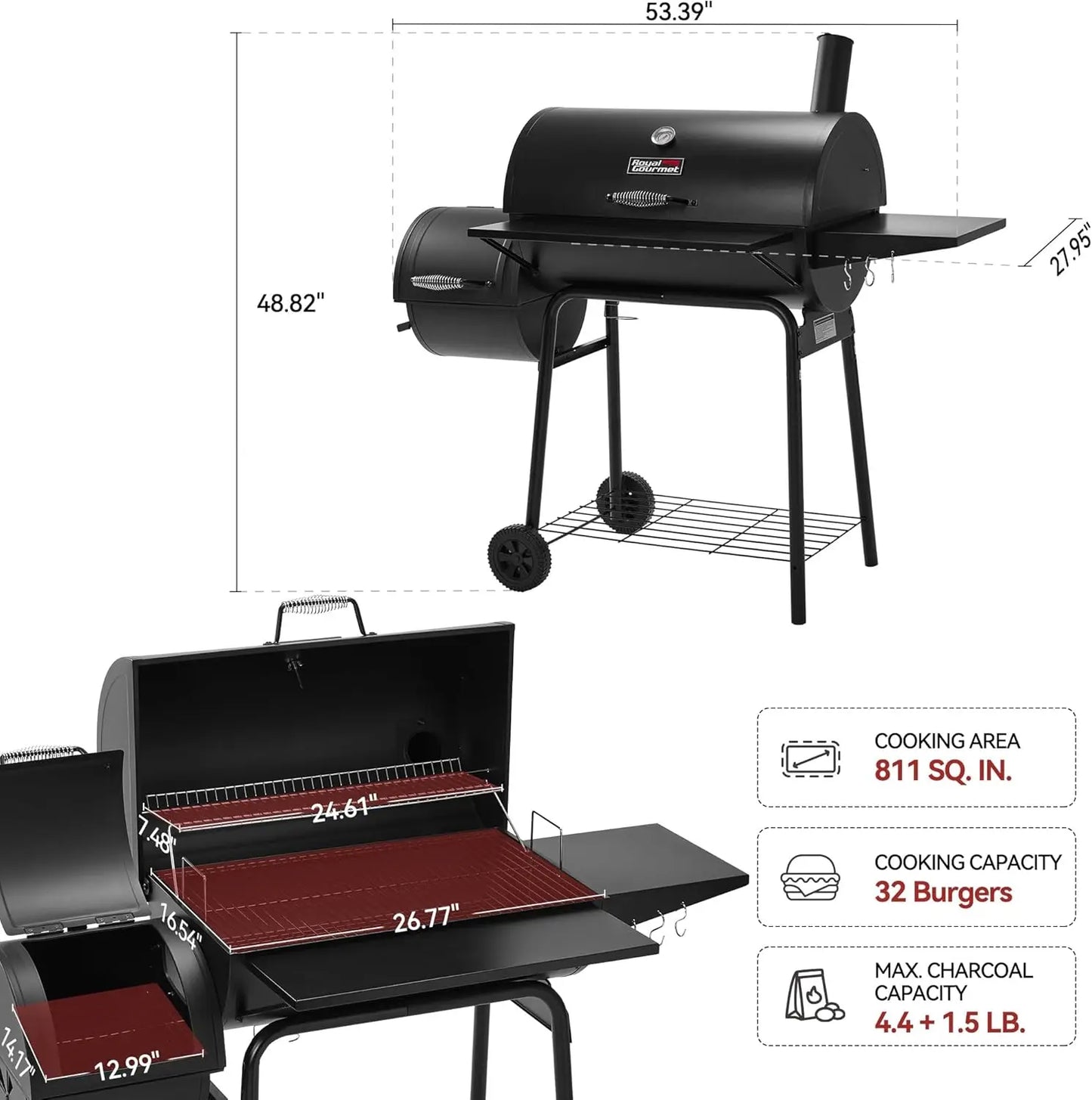 Charcoal Grill With Offset Smoker And Cover For Outdoor BBQ