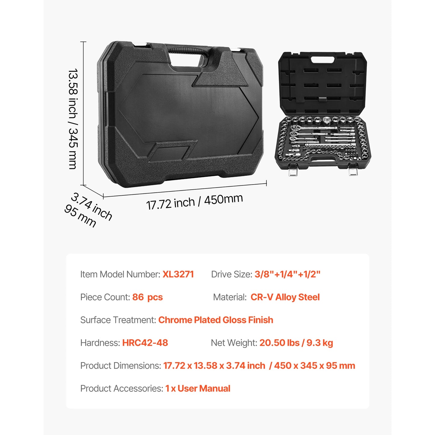 SucceBuy 86-Piece Socket Set 3/8 1/4 1/2 Inch Drive Ratchet SAE Metric