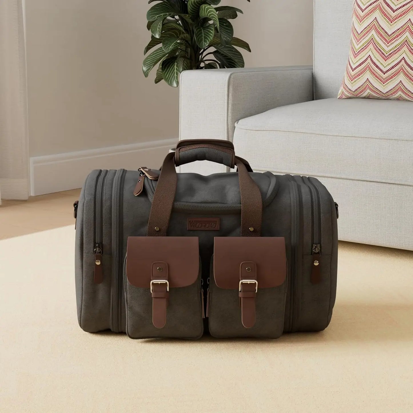 Expandable Canvas Leather Duffle Bag With Shoe Compartment