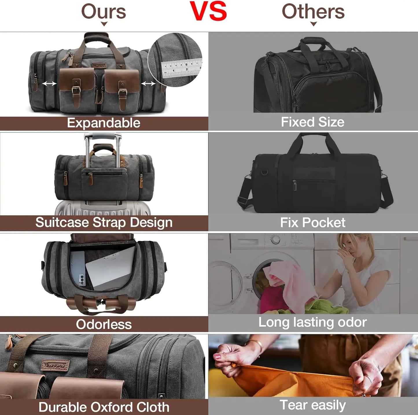 Expandable Canvas Leather Duffle Bag With Shoe Compartment