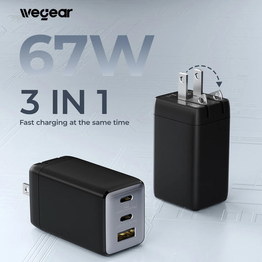 WEGEAR 67W USB-C Charger 3-Port GaN Fast Charge Portable Travel