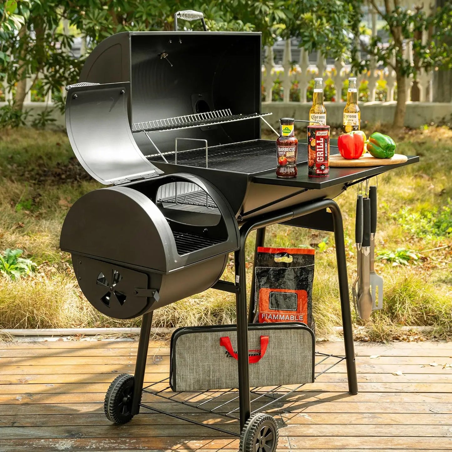 Charcoal Grill With Offset Smoker And Cover For Outdoor BBQ