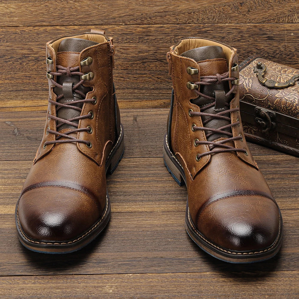 Hecrafted Men Retro Leather Ankle Boots With Zip Closure