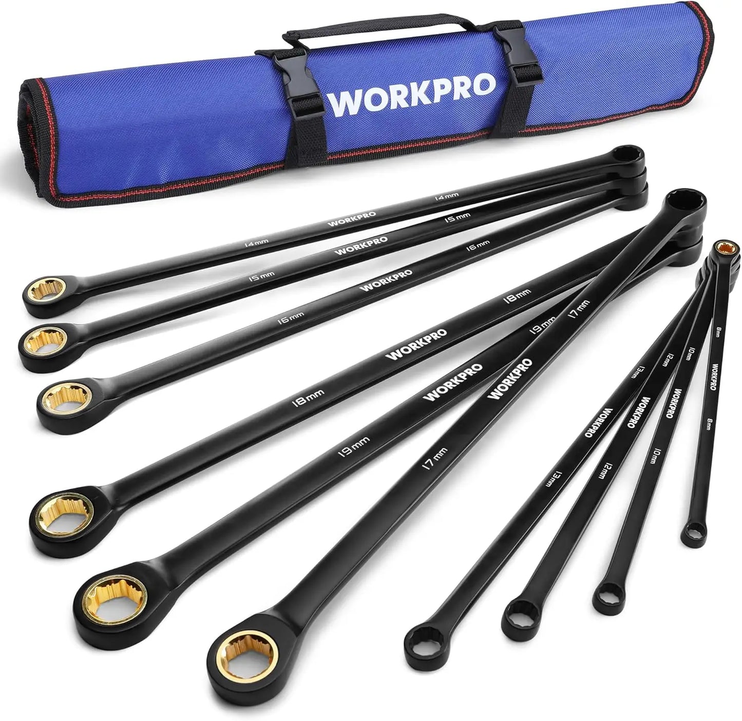 Extra Long Ratcheting Wrench Set 10-Piece Cr-V Steel Rolling Pouch