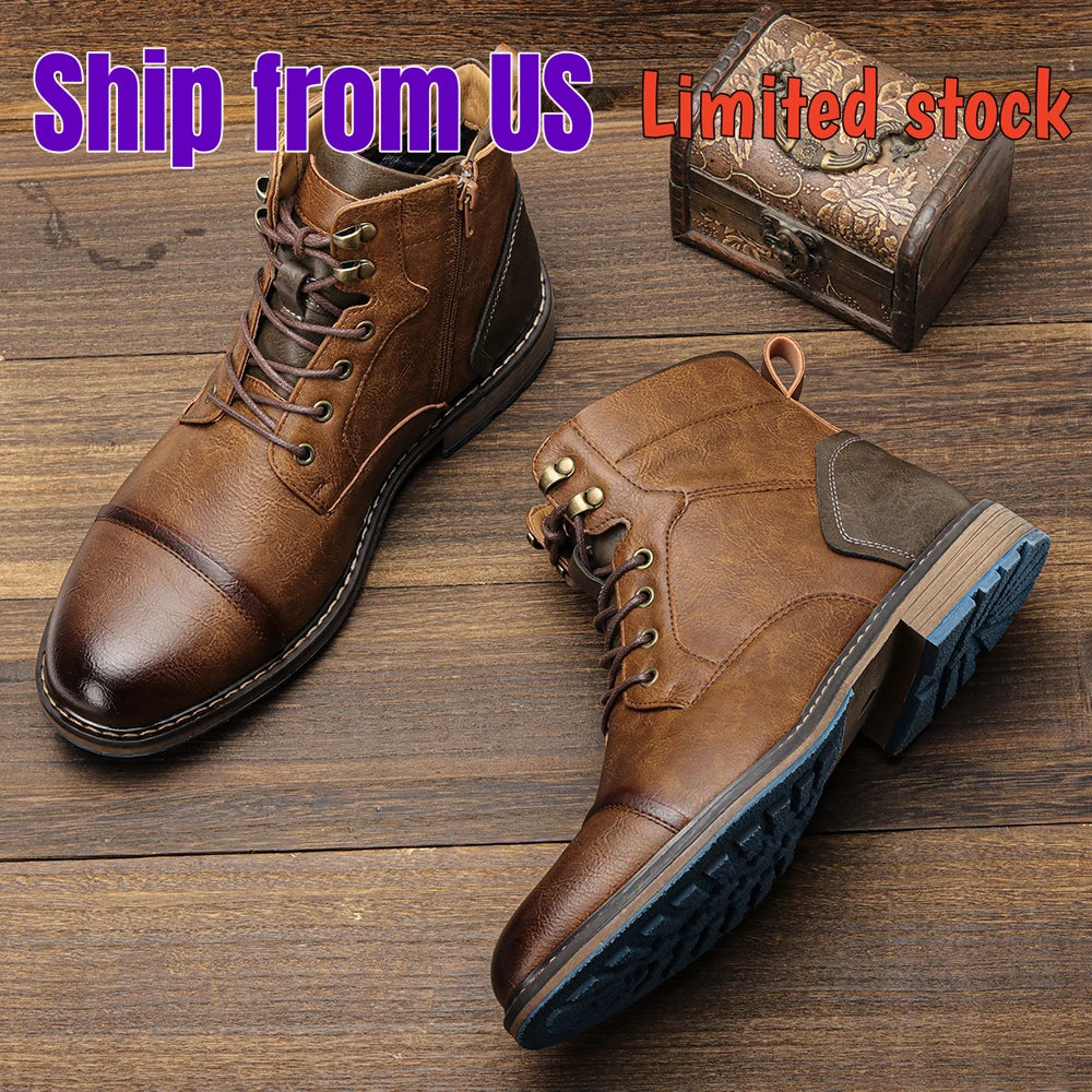Hecrafted Men Retro Leather Ankle Boots With Zip Closure