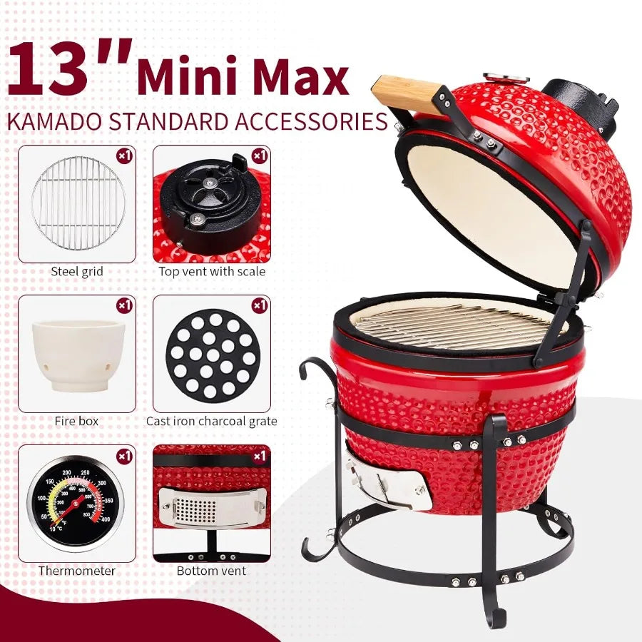 Kamado Charcoal Grill Portable Ceramic Barbecue With Built In Thermometer