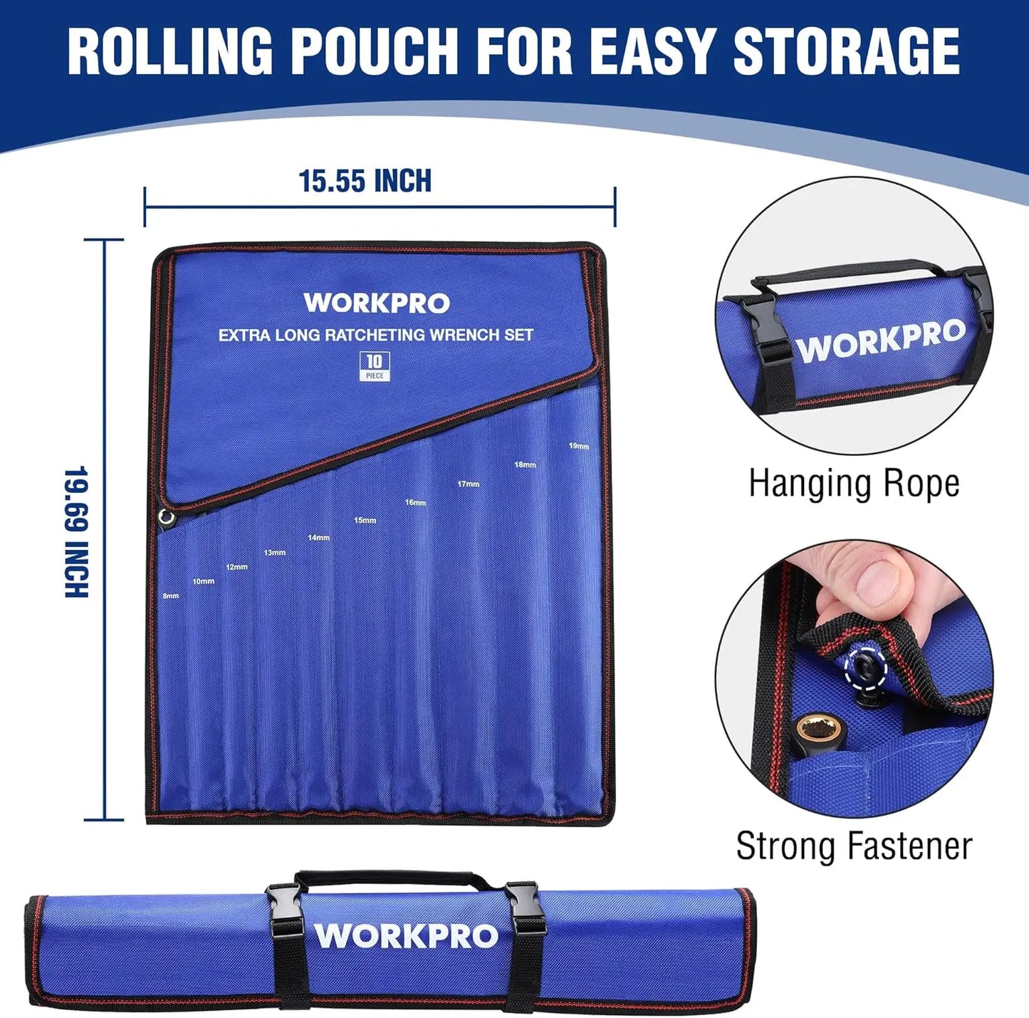 Extra Long Ratcheting Wrench Set 10-Piece Cr-V Steel Rolling Pouch