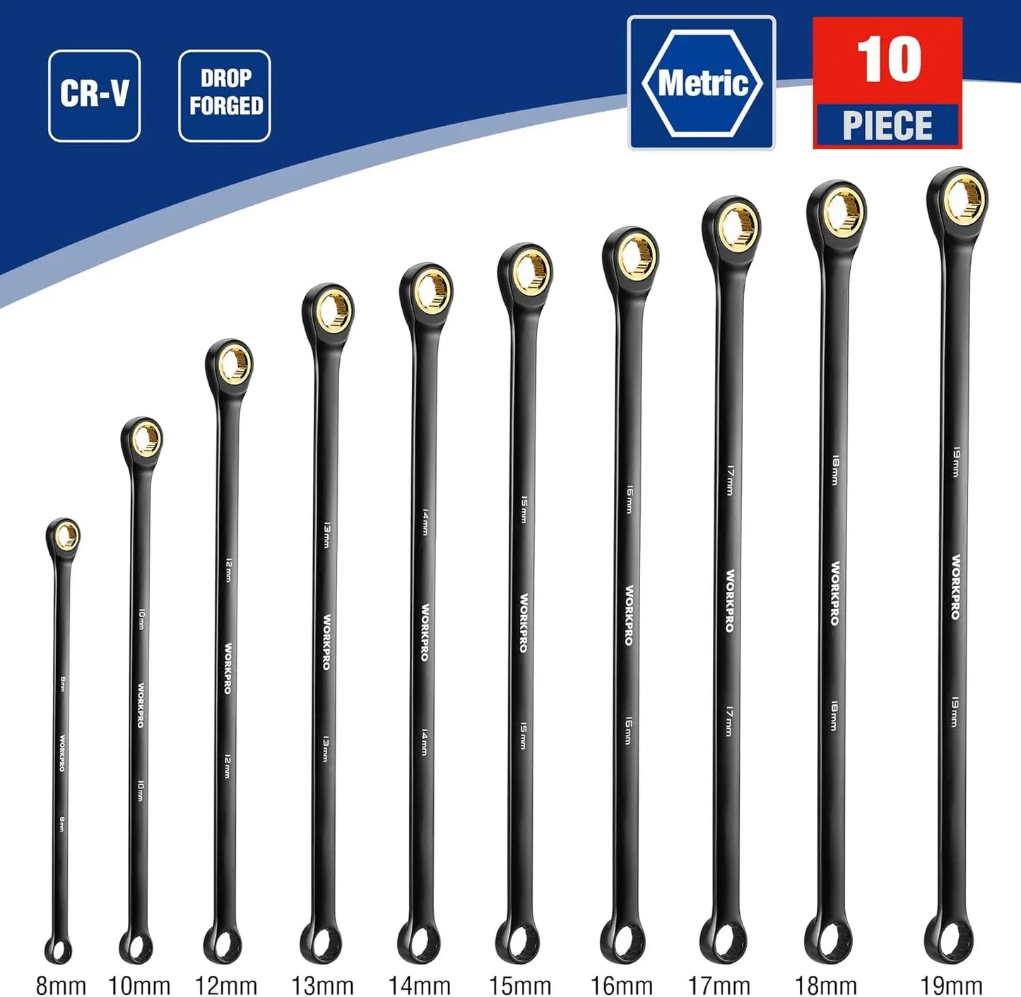 Extra Long Ratcheting Wrench Set 10-Piece Cr-V Steel Rolling Pouch