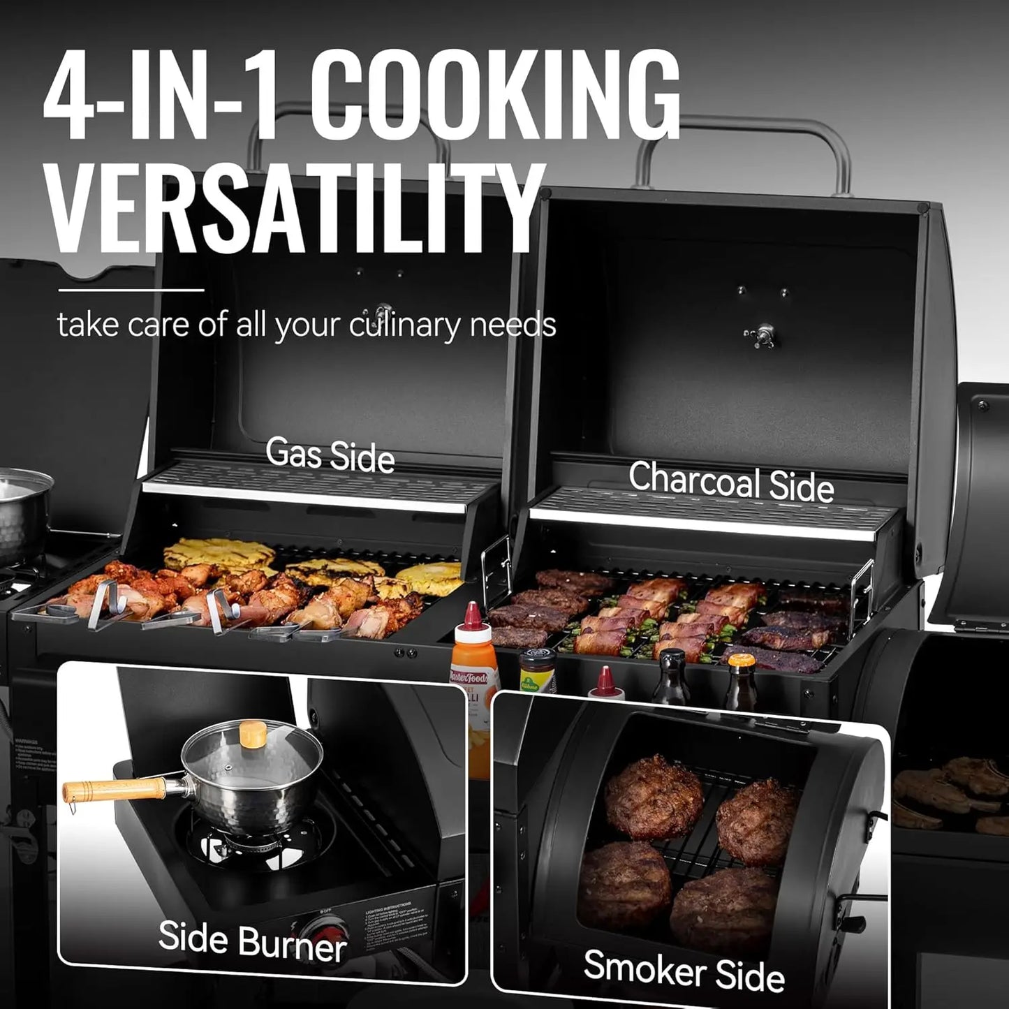 Dual Fuel Gas and Charcoal Grill With Offset Smoker